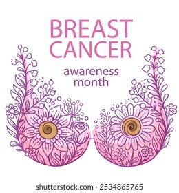 Hand drawn vector illustration. Floral lace bra and text breast cancer awareness month. Banner background, medical symbol in October