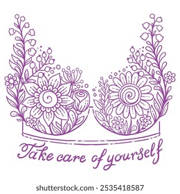 Hand drawn vector illustration. Floral lace bra and text breast cancer awareness month. Banner background, medical symbol in October