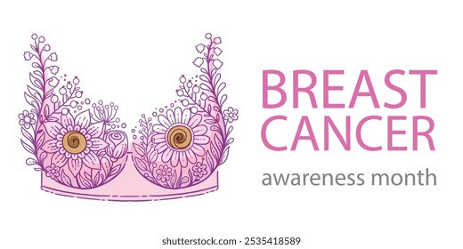 Hand drawn vector illustration. Floral lace bra and text breast cancer awareness month. Banner background, medical symbol in October