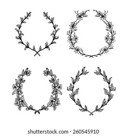 Hand drawn vector illustration. Floral collection of laurels and wreaths . Set of vintage elements to create cards and invitations. Leaves, flowers, swirls