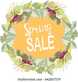 Hand drawn vector illustration of floral frame with inscription spring sale on the transparent background
