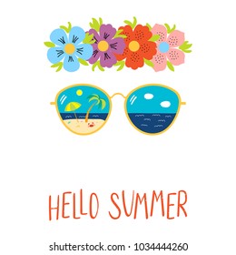 Hand drawn vector illustration of a flower chain, sunglasses with beach scene reflected inside the lenses, text Hello Summer. Isolated objects on white background. Design concept for change of seasons