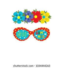 Hand drawn vector illustration of a flower chain, sunglasses with clouds in the sky reflected in the lenses, text Hello Summer. Isolated objects on white background. Design concept for seasons change