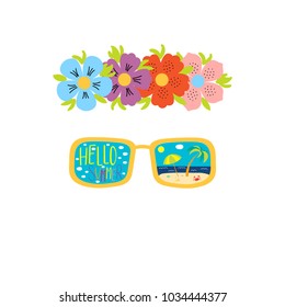 Hand drawn vector illustration of a flower chain, sunglasses with beach scene reflected inside the lenses, text Hello Summer. Isolated objects on white background. Design concept for change of seasons