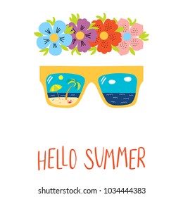 Hand drawn vector illustration of a flower chain, sunglasses with beach scene reflected inside the lenses, text Hello Summer. Isolated objects on white background. Design concept for change of seasons