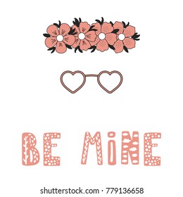 Hand drawn vector illustration of a flower chain, heart shaped glasses, romantic quote. Isolated objects on white background. Design concept for children, Valentines day greeting card.