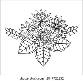 Hand drawn vector illustration flowers for anti stress colouring page. Pattern for coloring book. Ornamental design. Floral picture in black and white for coloring books.