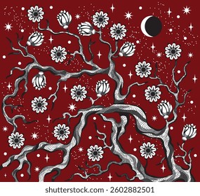 Hand drawn vector illustration with flowers on tree branch and moon against red background. Abstract background, graphic artwork, mystic and gothic concept art