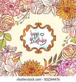 Hand drawn vector illustration with flowers. Us for skrapbuking, tissue, textile, cloth, fabric, web, material