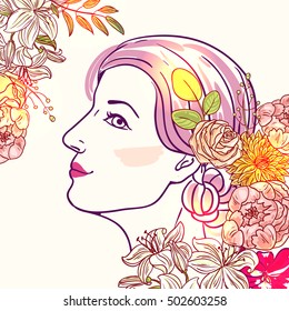 Hand drawn vector illustration with flowers and girl. Fashion style. Use for scrapbook, tissue, textile, cloth, fabric, web 