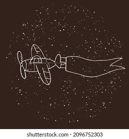 Hand drawn vector illustration, flying plane with ribbon with texture. Vector template for prints, posters, cards and other designs. White outline upon dark background
