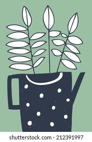 Hand drawn vector illustration with foliage in watering pot. Vector illustration.