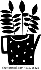 Hand drawn vector illustration with foliage in watering pot. Vector illustration. black and white icon.