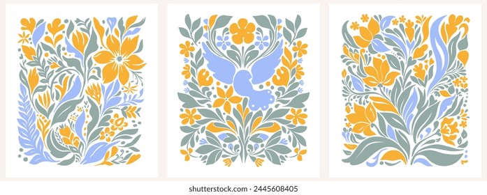 Hand Drawn vector illustration. Drawn folk illustration flower groovy Y2K posters. Vector posters in trendy retro psychedelic 2000s style. Aesthetic hippie. Girly cute design.