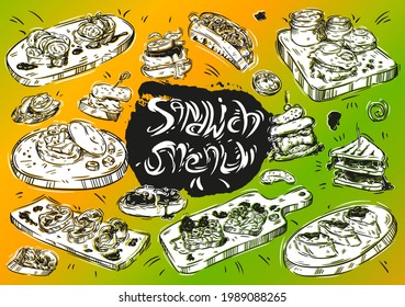 Hand drawn vector illustration food on color background. Sandwich menu: sandwiches, bruschetta, crostini, burger