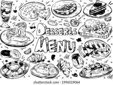 Hand Drawn Vector Illustration Food. Doodle Desserts Menu: Cheesecake, Croissant, Blueberry Sorbet, Pancakes With Banana, Donuts, Raisin Pie, Cherry, Lemon, Mint, Honey