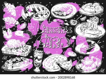 Hand drawn vector illustration food on black board. Doodle desserts menu: cheesecake, croissant, blueberry sorbet, pancakes with banana, donuts, raisin pie, cherry, lemon, mint, honey