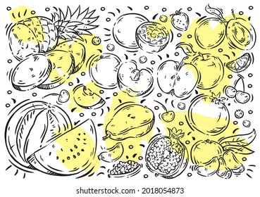 Handgezeichnete Vektorgrafik-Lebensmittel. Doodle-Linie exotische Früchte und Beeren: Wassermelone, Ananas, Passionsfrucht, Pflaumen, Erdbeere, Pfirsich, Apfel, Birne, Kirschen, Heidelbeere, Granatapfel, Tangerine