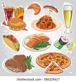 Hand drawn vector illustration of food and beverage varieties including burger, spaghetti, sausage, croissant, taco, pizza, salmon fillet, steak, sushi, fries, soda and beer in glass.