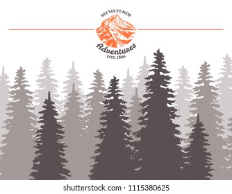 Hand drawn vector illustration of forest. Silhouette of trees in sketch style for adventure design