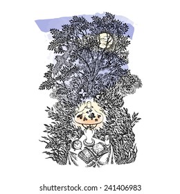 Hand drawn vector illustration with a forest landscape, the moon, the flying bird, a lamp, butterflies and the book