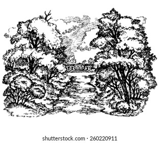 Hand drawn vector illustration with a forest landscape, hark, country house and clouds.