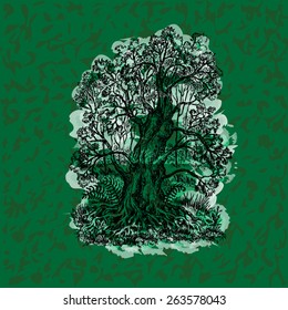 Hand drawn vector illustration with a forest landscape and old tree on a water color background.