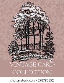 Hand drawn vector illustration with a forest landscape, bushes, pines and fir-tree on the river bank.
