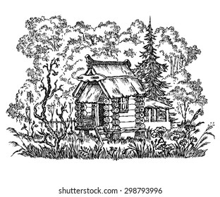 Hand drawn vector illustration with a forest landscape, a rural lodge, fir-tree, grass.