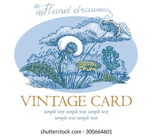 Hand drawn vector illustration with a forest landscape, a dandelion and clouds.