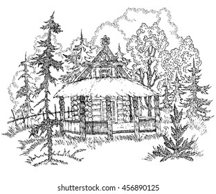Hand drawn vector illustration with a forest landscape, a rural lodge, fir-tree, grass.