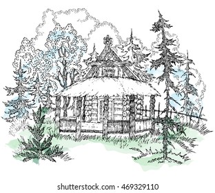 Hand drawn vector illustration with a forest landscape, a rural lodge, fir-tree, grass. Watercolor effect.