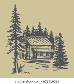 Hand drawn vector illustration of forest landscape with cabin