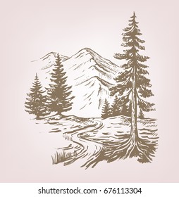 Hand drawn vector illustration of forest landscape with cabin