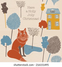 Hand Drawn Vector Illustration of fox and winter village, Merry Christmas Card.
