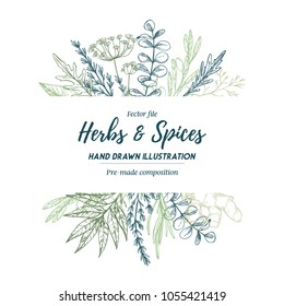 Hand drawn vector illustration. Frame with herbs and spices (sage, tarragon, ginger). Herbal pre-made composition. Perfect for menu, cards, prints, packing, leaflets