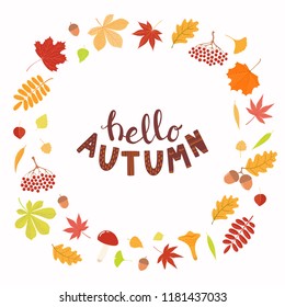 Hand drawn vector illustration with frame of leaves, lettering quote Hello Autumn. Isolated objects on white background. Flat style design. Concept for seasonal banner, poster, card.