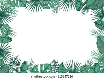 Hand drawn vector illustration - frame with Palm leaves and aloha lettering. Tropical design elements. Perfect for prints, posters, invitations etc