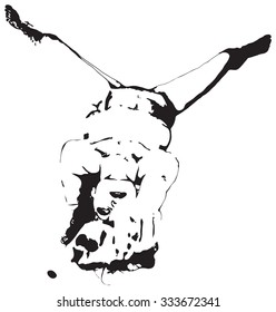 An hand drawn vector illustration, freehand sketch - An lying girl with the gun. (Illustration WITHOUT highlighted sexual body parts. Only a hint without detail.)