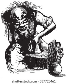 An hand drawn vector illustration, freehand, in comic style. An Ugly Potter, Creator or Clown working.