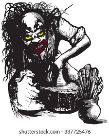 An hand drawn vector illustration, freehand, in comic style. An Ugly Potter, Creator or Clown working.