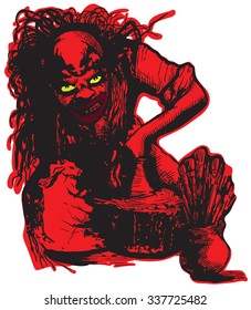 An hand drawn vector illustration, freehand, in comic style. An Ugly Potter, Creator or Clown working.