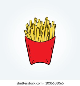 Ilustração vetorial desenhada à mão de batatas fritas fritas em caixa de papel.