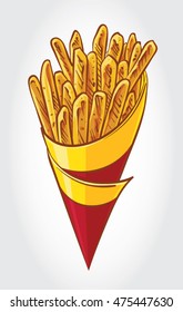  Hand drawn vector illustration of French Fries in a cone of paper.