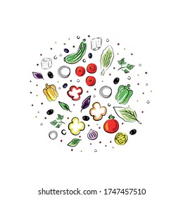 Hand drawn vector illustration of fresh with vegetables, cheese, paper, olives, tomato,onion,cucumber,green salad and basil. Perfect for restaurant brochure, cafe flyer, delivery menu.