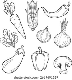 Hand drawn vector illustration of fresh farm vegetables including carrot corn chili onion mushroom eggplant bell pepper and leafy greens for healthy food and organic market design