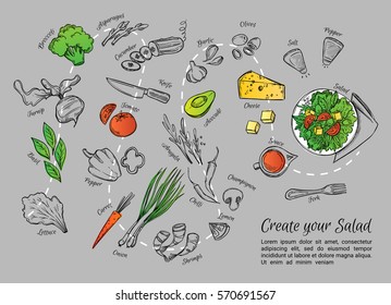 Hand drawn vector illustration of fresh salad with vegetables, cheese, seafood etc. Perfect for restaurant brochure, cafe flyer, delivery menu