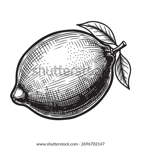 Hand drawn vector illustration of a fresh whole lemon citrus fruit with stem and two leaves in a vintage engraving style, black and white outline sketch on white.