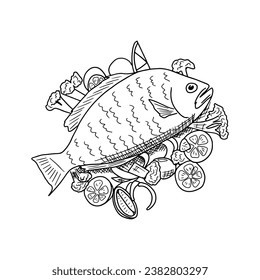 Handgezeichnete Vektorgrafik. Frittierter Fisch mit Gemüse.