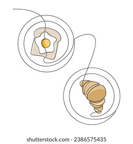 Hand drawn vector illustration. Fried egg toast croissant line continuous drawing. Graphic, print, banner, greeting card, brochure, menu, logo. Food, snack, meal, breakfast pastry. 